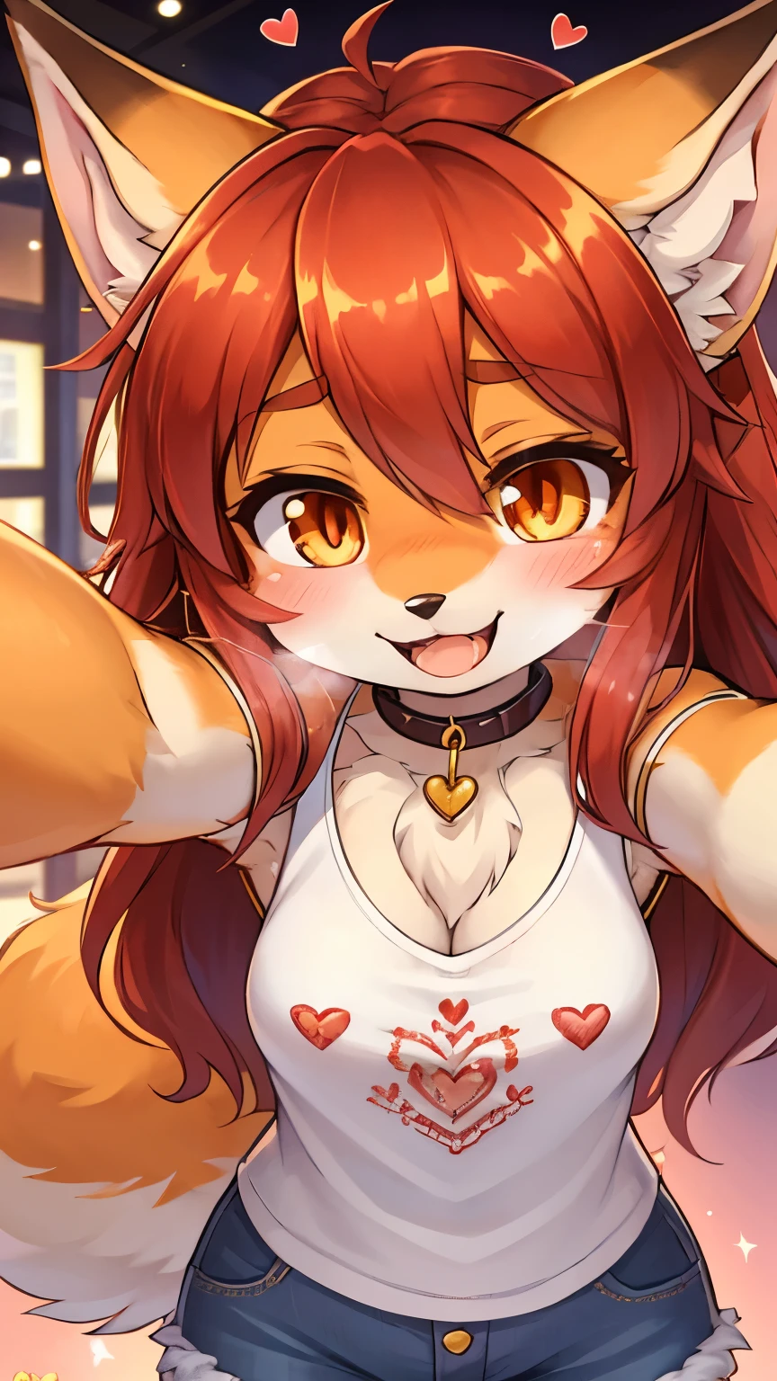 best quality,best resolution,(fluffy anthro furry :1.6),(young :1.6),fox girl,red long hair,wavy hair,small breasts,orange fur,orange eyes,glistering eyes,sparkle eyes,denim shorts with gold chain,white sleeveless shirt with flower embroidery,heart collar,gold bracelets,department store,looking at viewer,upper body only,full face blush,desire face,horny smile,open mouth,sexy eyes,heavy breath,heart eyes,heart expression eyes,face to face,two hands selfie