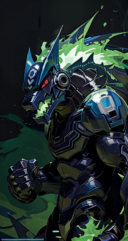 "A male Anthro with a green body, wearing a robot armor and a chain, has red eyes and green hair. The body is covered with reptilian scales. His mouth shows sharp teeth. The robot armor is detailed and consists of intricate mechanical parts. The artwork should have the best quality, be ultra-detailed, and realistic. The color palette should emphasize vivid greens and vibrant hues. The lighting should be dramatic, casting dynamic shadows and highlights on the character. The background should be minimalistic, with no distracting elements, focusing the attention on the character. The figure should be in a powerful and dynamic pose, with the right hand clenched in a restrictive punch." clew: "A male Anthro with a green body，Wearing robot armor and chain rings，Has red eyes and green hair。Body covered with reptilian scales。His mouth shows sharp teeth。Robot armor is rich in detail，and consists of complex mechanical parts。Artwork should be of the best quality，super detailing，And realistic。The color palette should emphasize bright greens and vibrant tones。Light should be dramatic，Cast dynamic shadows and highlights on characters。Background should be simple，No distracting elements，Focus on the character。Character poses should be powerful and dynamic，Make a restrictive fist with your right hand。" 