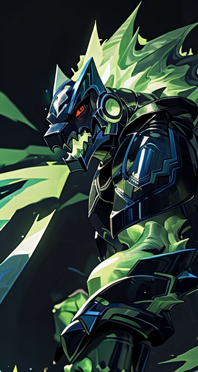 "A male Anthro with a green body, wearing a robot armor and a chain, has red eyes and green hair. The body is covered with reptilian scales. His mouth shows sharp teeth. The robot armor is detailed and consists of intricate mechanical parts. The artwork should have the best quality, be ultra-detailed, and realistic. The color palette should emphasize vivid greens and vibrant hues. The lighting should be dramatic, casting dynamic shadows and highlights on the character. The background should be minimalistic, with no distracting elements, focusing the attention on the character. The figure should be in a powerful and dynamic pose, with the right hand clenched in a restrictive punch." clew: "A male Anthro with a green body，Wearing robot armor and chain rings，Has red eyes and green hair。Body covered with reptilian scales。His mouth shows sharp teeth。Robot armor is rich in detail，and consists of complex mechanical parts。Artwork should be of the best quality，super detailing，And realistic。The color palette should emphasize bright greens and vibrant tones。Light should be dramatic，Cast dynamic shadows and highlights on characters。Background should be simple，No distracting elements，Focus on the character。Character poses should be powerful and dynamic，Make a restrictive fist with your right hand。" 