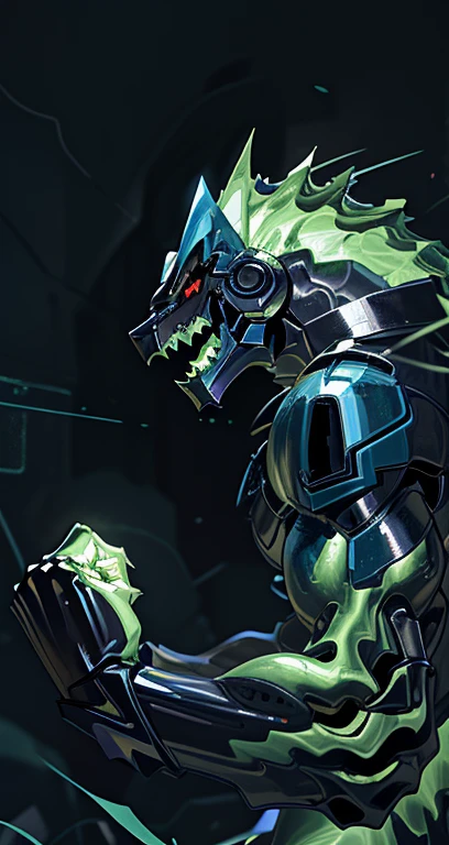 "A male Anthro with a green body, wearing a robot armor and a chain, has red eyes and green hair. The body is covered with reptilian scales. His mouth shows sharp teeth. The robot armor is detailed and consists of intricate mechanical parts. The artwork should have the best quality, be ultra-detailed, and realistic. The color palette should emphasize vivid greens and vibrant hues. The lighting should be dramatic, casting dynamic shadows and highlights on the character. The background should be minimalistic, with no distracting elements, focusing the attention on the character. The figure should be in a powerful and dynamic pose, with the right hand clenched in a restrictive punch." clew: "A male Anthro with a green body，Wearing robot armor and chain rings，Has red eyes and green hair。Body covered with reptilian scales。His mouth shows sharp teeth。Robot armor is rich in detail，and consists of complex mechanical parts。Artwork should be of the best quality，super detailing，And realistic。The color palette should emphasize bright greens and vibrant tones。Light should be dramatic，Cast dynamic shadows and highlights on characters。Background should be simple，No distracting elements，Focus on the character。Character poses should be powerful and dynamic，Make a restrictive fist with your right hand。" 