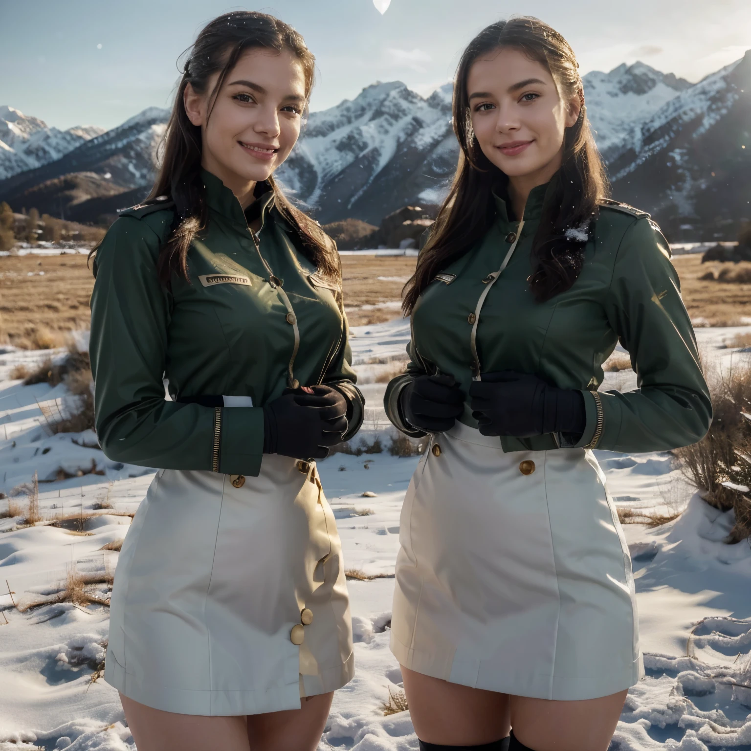 An 8K high-quality photo featuring two beautiful women dressed in seductively-styled military pilot uniforms. They both stand in a snowy field, grinning cheekily at the camera. The snow glistens under the soft, golden light. The mountains in the background are draped in a gentle mist, providing a serene backdrop. The women's perfect faces are illuminated by the sunlight, accentuating their vibrant, saturated colors.