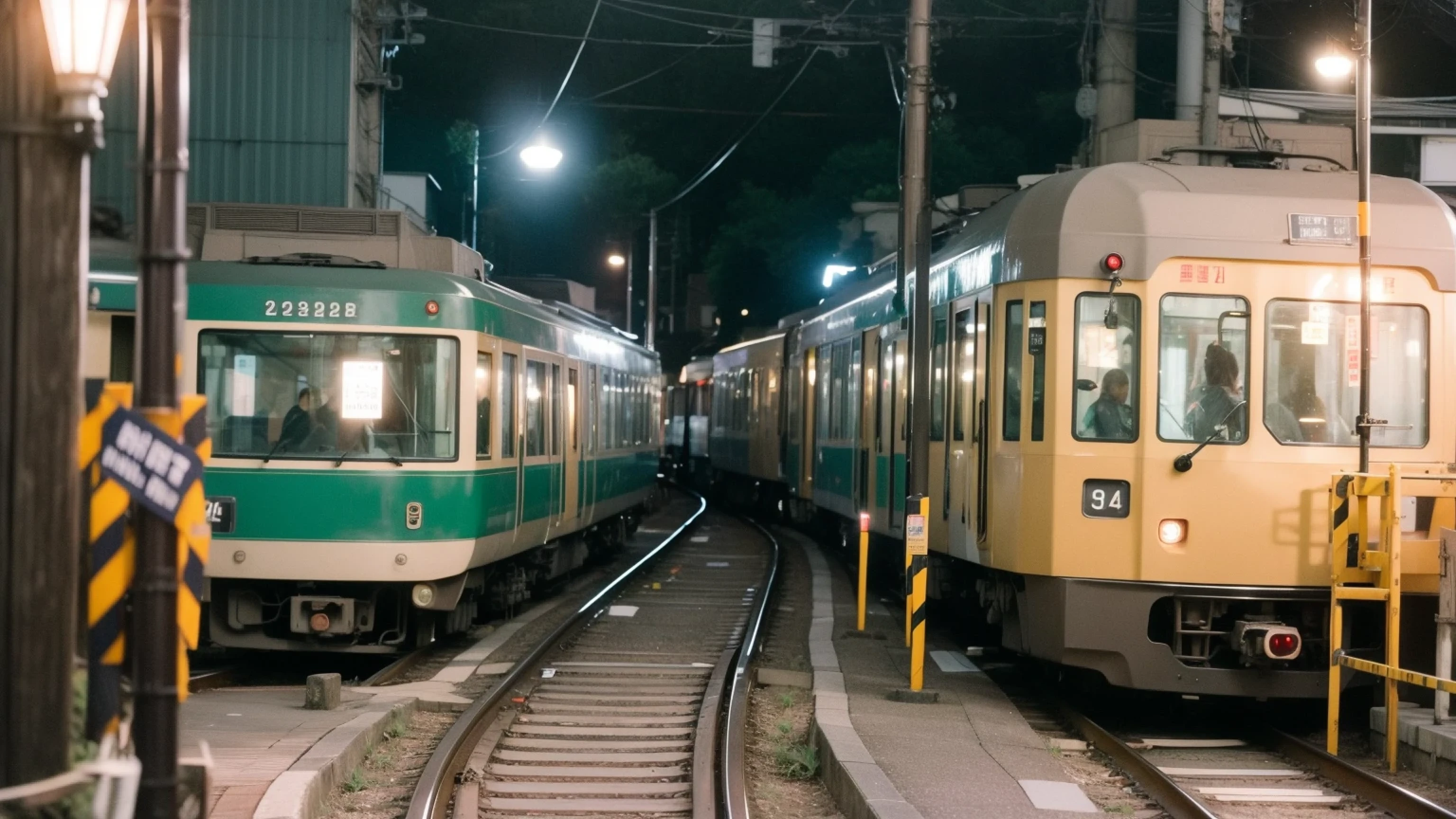 Photograph of a bustling train station in Japan during the night time, captured in crisp detail with a 35mm Fuji 50R camera, immersive composition, vibrant colors, cinematic feel, authentic cultural vibes, dynamic lighting, bustling atmosphere, street photography, travel photography, moonlight