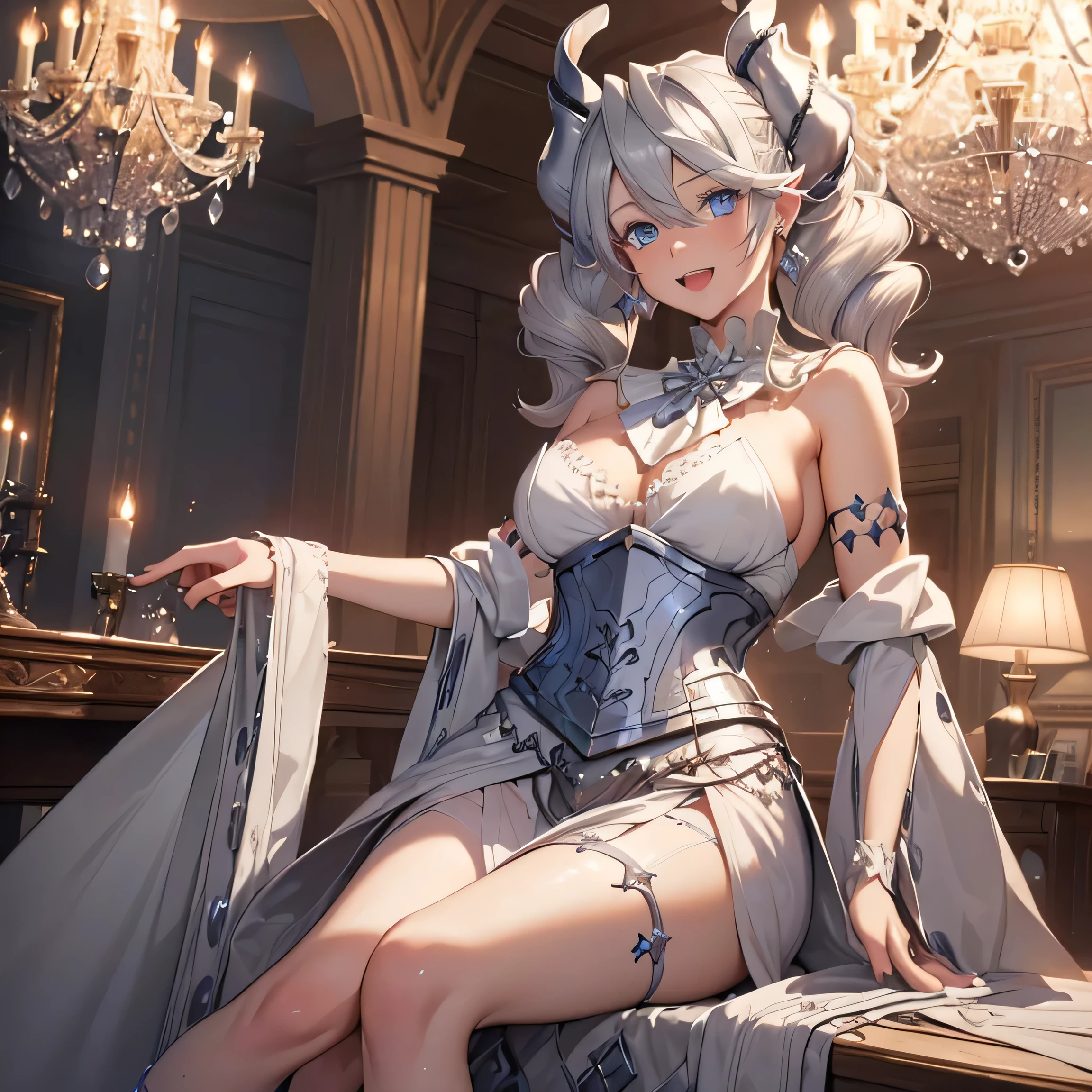 ((masterpiece)),(best quality), ((extremely detailed CG unity 4k wallpaper)),(cinematic lighting), (an extremely delicate and beautiful girl:1.3),(++silver hair++),blue eyes, long hair, jewelry,earrings, :d, maid, labrynth,
dance floor,(Crystal chandelier), horn ,indoor , sitting with style, crossed leg in detailed, 