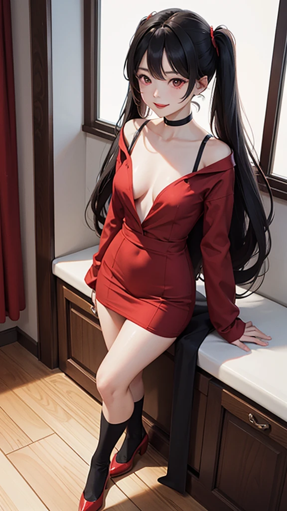1woman, red dress suit, black stockings, long hair, twin tail hair, red eyes, red lipstick, smile, indoor house, standing normal,