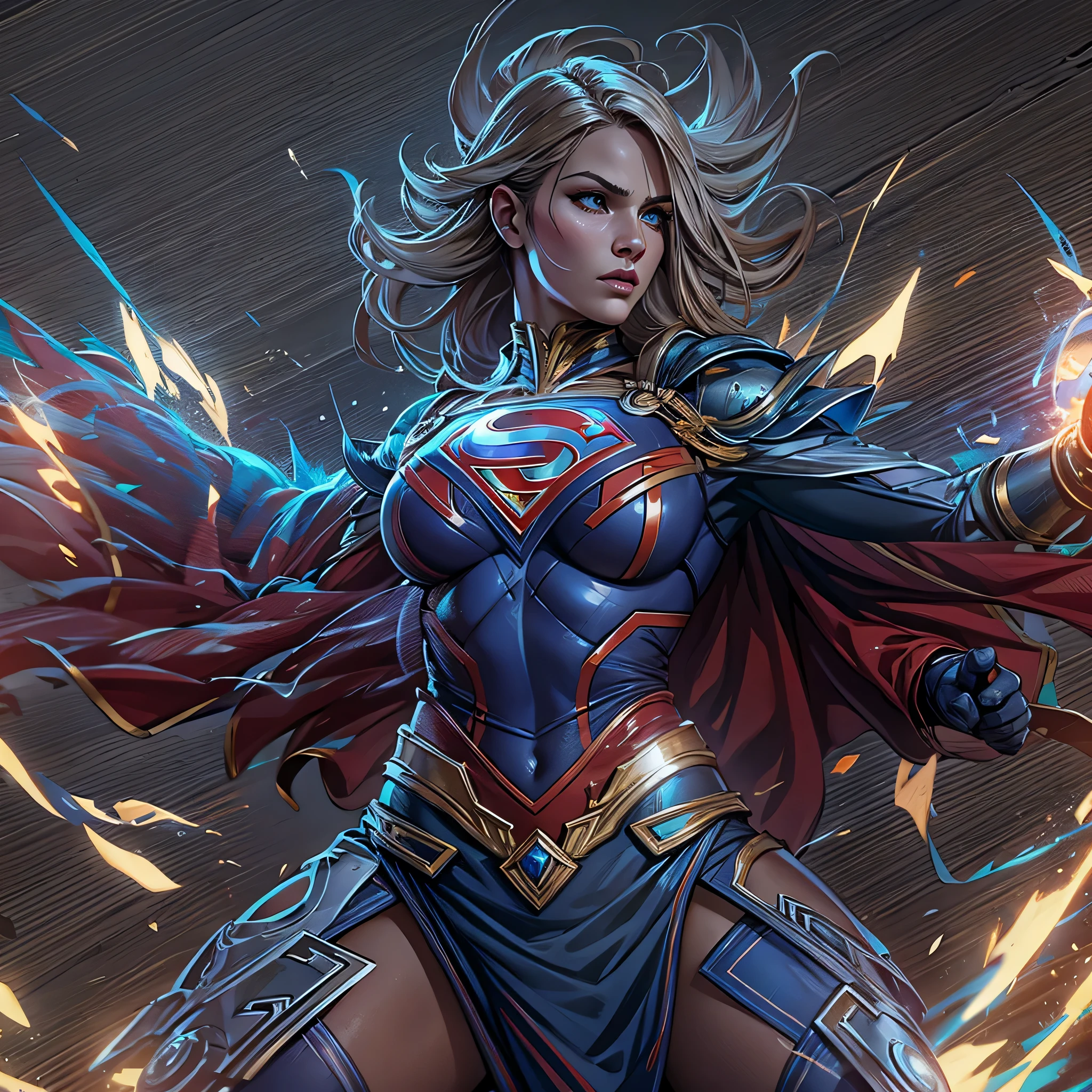 Warrior Supergirl, muscular body. battle pose. intricate, hyper-maximalist, elegant, hyper realistic, epic high details, full details, high resolution, dynamic slight blue lighting, rendering, realism, Photo-realistic, ultra realistic, octane render, unreal engine, hyper detailed, volumetric lighting, 8k reality, cinematic