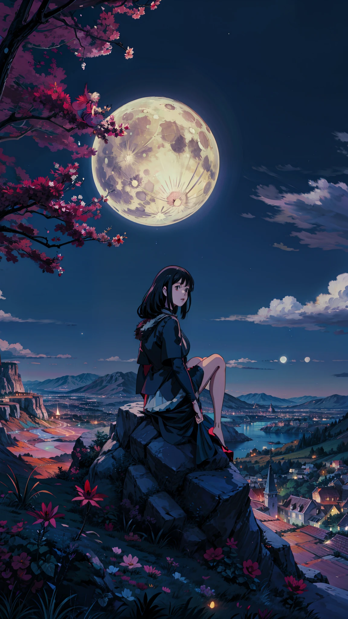 a woman sitting on top of a hill under a full moon, beautiful moon light, cgsociety 9, in front of the moon, night background, in front of a big moon, dream scenery art, looking at the moon, alena aenami and artgerm, moon behind, full moon background, under the moon, beautiful moonlight night, moon background, 4k hd,, beautiful art uhd 4 k, a beautiful artwork illustration, beautiful digital painting, highly detailed digital painting, beautiful digital artwork, detailed painting 4 k, very detailed digital painting, rich picturesque colors, gorgeous digital painting