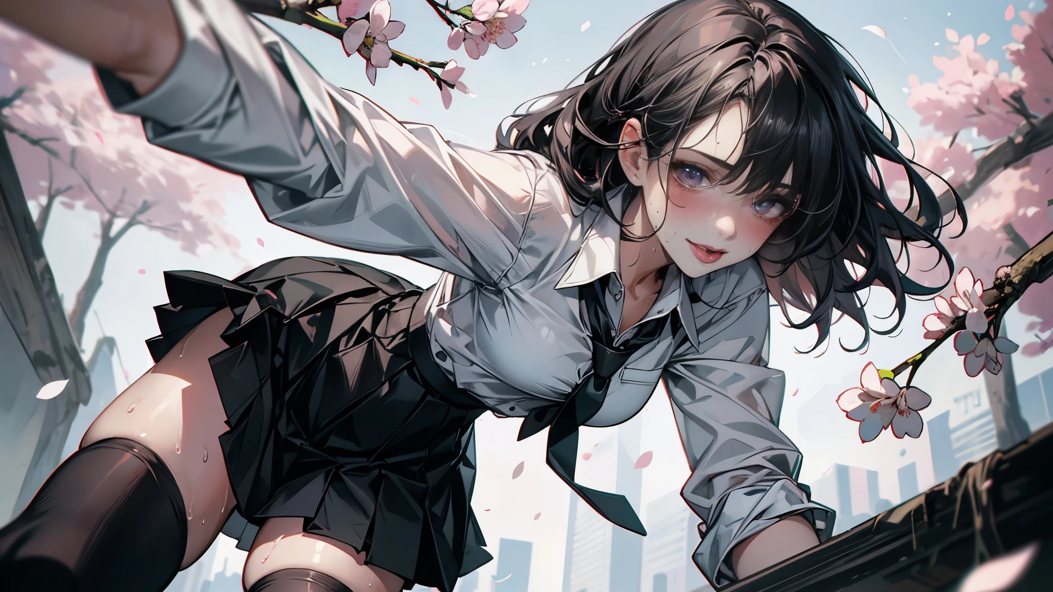 ​(Best quality, 8K, Masterpiece:1.3, 1 girl, solo, Beautiful girl), cute, Dynamism, Detailed face, Detailed skin, detailed clothes, Detailed eyes, Detailed lips, Detailed tongue, Detailed fingers, Detailed mouth, Photorealistic, Raw photo, highres, hight resolution, Natural lighting, dynamic pose, perfect anatomy, toned legs, double eyelids, tear bags, round eyes, moist lips, sweaty, blush, school uniforms, buttoned white shirt, jacket, pleated skirt, tie, embarrassed smile:1.2, wind, cowboy shot, outdoor, cherry blossom, grabbing crotch, pov, from below, selfie, thighhighs