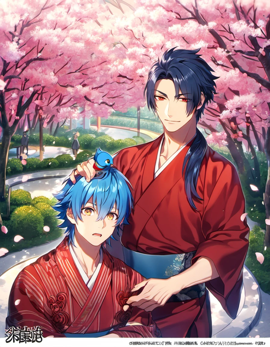 absurdres, highres, ultra detailed, HDR, masterpiece, Koujaku, dark navy hair that is short and a little chopped at the top, expressive red eyes, Dramatical Murder, Seragaki Aoba, blue hair, expressive golden eyes, 2men together, gay couple, handsome, red kimono, designed with decorations such as blue leaves, birds and blossoms, petals, garden