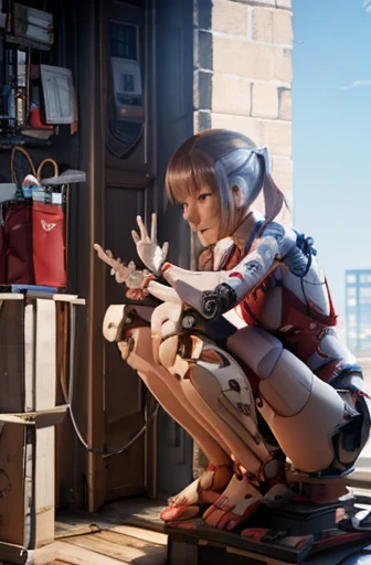 A Female robot is sleeping in bedroom, spread legs, nude, banzai pose. she wears no dress. She Brown short hair is tied with two big red clothespins, She lifts up the under hem of her white plain dress, leaning over, masterpiece, very short pigtails,brown hair, mature, android, blue eyes, full body figure, Height: 160cm, flushed cheeks, 2020s anime picture, A beautiful robot with short brown hair in two short pigtails held up by two very large huge red clothespins, Uplifting, No NSFW, whole body, barefoot, archaic smile, getting orgasm, 25 years old, sweat bucket.