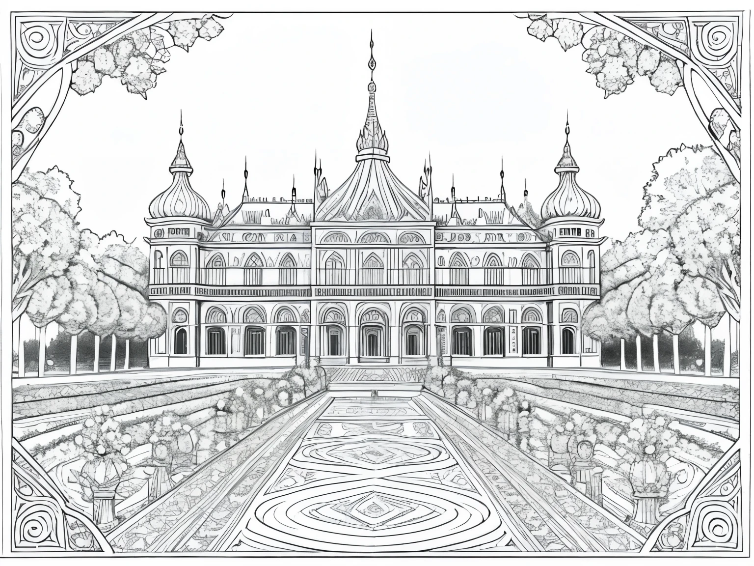 Please generate only the outline or stroke of this drawing so that I can use it in a coloring book: A great palace with immense royal gardens