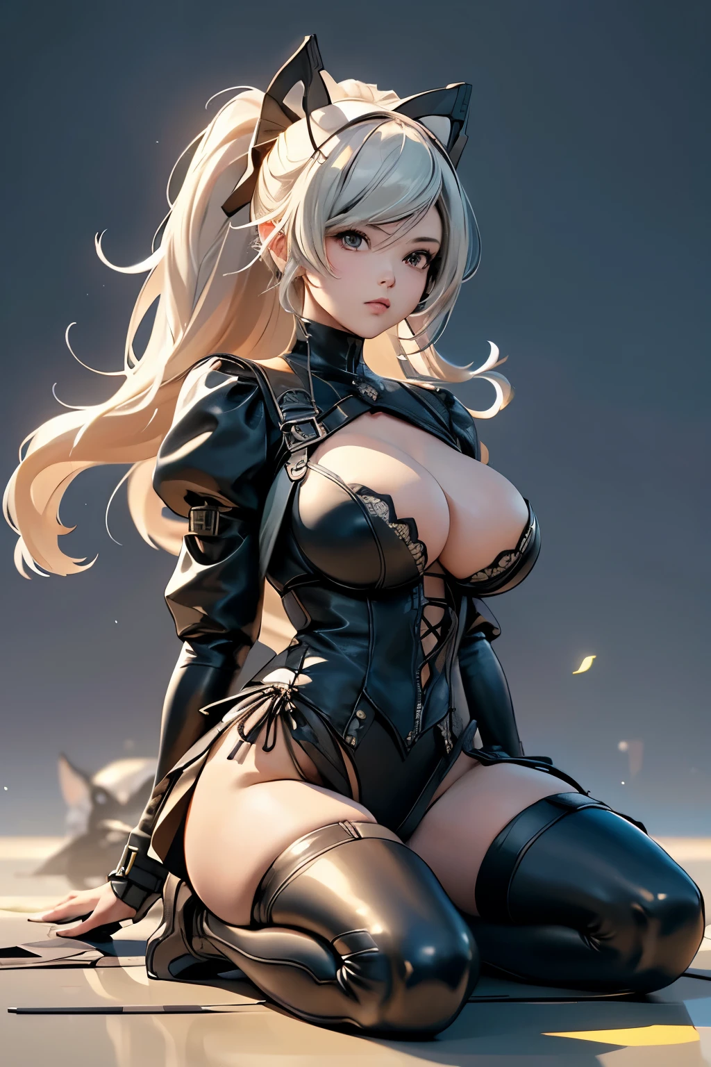 a drawing of a woman with a big breast sitting on the ground, inspired by Masamune Shirow, by shirow masamune, style of masamune shirow, from metal gear, cutesexyrobutts, quiet from metal gear solid, high quality colored sketch, nier 2 b, nier, nier autoamata, 2b nier automata