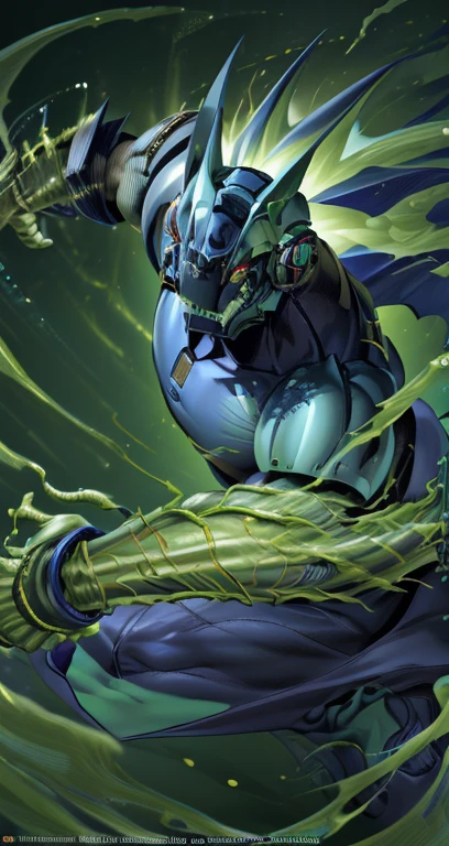 "A male Anthro with a green body, wearing a robot armor and a chain, has red eyes and green hair. The body is covered with reptilian scales. His mouth shows sharp teeth. The robot armor is detailed and consists of intricate mechanical parts. The artwork should have the best quality, be ultra-detailed, and realistic. The color palette should emphasize vivid greens and vibrant hues. The lighting should be dramatic, casting dynamic shadows and highlights on the character. The background should be minimalistic, with no distracting elements, focusing the attention on the character. The figure should be in a powerful and dynamic pose, with the right hand clenched in a restrictive punch." clew: "A male Anthro with a green body，Wearing robot armor and chain rings，Has red eyes and green hair。Body covered with reptilian scales。His mouth shows sharp teeth。Robot armor is rich in detail，and consists of complex mechanical parts。Artwork should be of the best quality，super detailing，And realistic。The color palette should emphasize bright greens and vibrant tones。Light should be dramatic，Cast dynamic shadows and highlights on characters。Background should be simple，No distracting elements，Focus on the character。Character poses should be powerful and dynamic，Make a restrictive fist with your right hand。" 