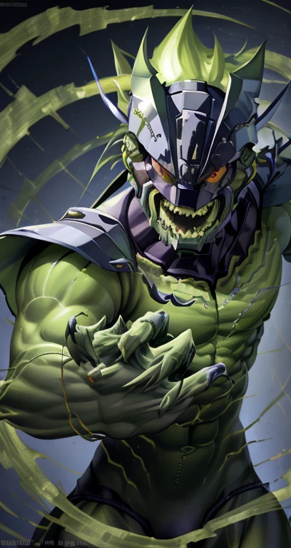 "A male Anthro with a green body, wearing a robot armor and a chain, has red eyes and green hair. The body is covered with reptilian scales. His mouth shows sharp teeth. The robot armor is detailed and consists of intricate mechanical parts. The artwork should have the best quality, be ultra-detailed, and realistic. The color palette should emphasize vivid greens and vibrant hues. The lighting should be dramatic, casting dynamic shadows and highlights on the character. The background should be minimalistic, with no distracting elements, focusing the attention on the character. The figure should be in a powerful and dynamic pose, with the right hand clenched in a restrictive punch." clew: "A male Anthro with a green body，Wearing robot armor and chain rings，Has red eyes and green hair。Body covered with reptilian scales。His mouth shows sharp teeth。Robot armor is rich in detail，and consists of complex mechanical parts。Artwork should be of the best quality，super detailing，And realistic。The color palette should emphasize bright greens and vibrant tones。Light should be dramatic，Cast dynamic shadows and highlights on characters。Background should be simple，No distracting elements，Focus on the character。Character poses should be powerful and dynamic，Make a restrictive fist with your right hand。" 