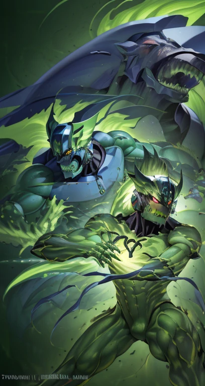 "A male Anthro with a green body, wearing a robot armor and a chain, has red eyes and green hair. The body is covered with reptilian scales. His mouth shows sharp teeth. The robot armor is detailed and consists of intricate mechanical parts. The artwork should have the best quality, be ultra-detailed, and realistic. The color palette should emphasize vivid greens and vibrant hues. The lighting should be dramatic, casting dynamic shadows and highlights on the character. The background should be minimalistic, with no distracting elements, focusing the attention on the character. The figure should be in a powerful and dynamic pose, with the right hand clenched in a restrictive punch." clew: "A male Anthro with a green body，Wearing robot armor and chain rings，Has red eyes and green hair。Body covered with reptilian scales。His mouth shows sharp teeth。Robot armor is rich in detail，and consists of complex mechanical parts。Artwork should be of the best quality，super detailing，And realistic。The color palette should emphasize bright greens and vibrant tones。Light should be dramatic，Cast dynamic shadows and highlights on characters。Background should be simple，No distracting elements，Focus on the character。Character poses should be powerful and dynamic，Make a restrictive fist with your right hand。" 