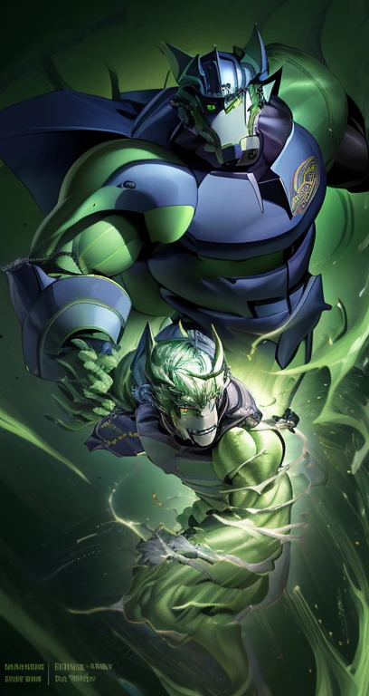 "A male Anthro with a green body, wearing a robot armor and a chain, has red eyes and green hair. The body is covered with reptilian scales. His mouth shows sharp teeth. The robot armor is detailed and consists of intricate mechanical parts. The artwork should have the best quality, be ultra-detailed, and realistic. The color palette should emphasize vivid greens and vibrant hues. The lighting should be dramatic, casting dynamic shadows and highlights on the character. The background should be minimalistic, with no distracting elements, focusing the attention on the character. The figure should be in a powerful and dynamic pose, with the right hand clenched in a restrictive punch." clew: "A male Anthro with a green body，Wearing robot armor and chain rings，Has red eyes and green hair。Body covered with reptilian scales。His mouth shows sharp teeth。Robot armor is rich in detail，and consists of complex mechanical parts。Artwork should be of the best quality，super detailing，And realistic。The color palette should emphasize bright greens and vibrant tones。Light should be dramatic，Cast dynamic shadows and highlights on characters。Background should be simple，No distracting elements，Focus on the character。Character poses should be powerful and dynamic，Make a restrictive fist with your right hand。" 