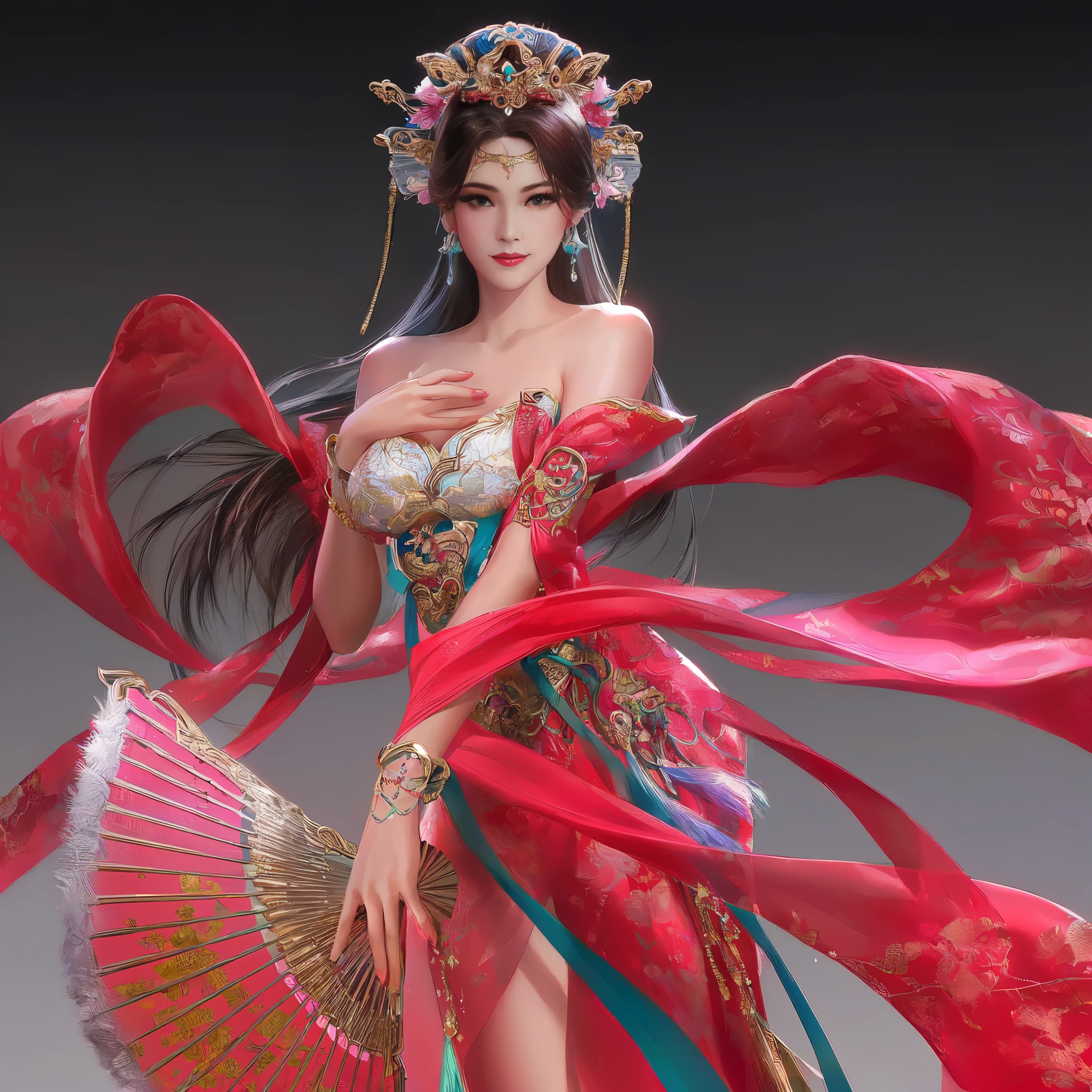A woman in a red dress、Close-up of woman holding fan, beautiful fantasy queen, Beautiful rendering of the Tang Dynasty, 3D rendering character art 8k, chinese princess, Chinese goddess, Popular topics on cgstation, cgsociety and fenghua zhong, Inspired by Lan Ying, ((beautiful fantasy queen)), chengwei pan on artstation