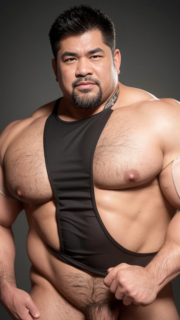 black hair, middle-aged man, individual, male, Muscular wrestler, muscular, Stout wrestler, Asian, Japanese, uncle, 55 year old middle-aged man, short hair, short hair, yellow wrestling boots, full body portrait, shadow, Vision, yellow briefs, obesity, 45 years old, short beard, middle-aged man, tattoo, fingerless gloves, Wheat skin, shiny skin, dark skin, Show your pectoral muscles, sumo wrestler, bodybuilder, wide temples, Visible abdominal muscles, Smile, Fine hands, solid color background, pure white background, Surrealism, Panorama, 8k, super detail,