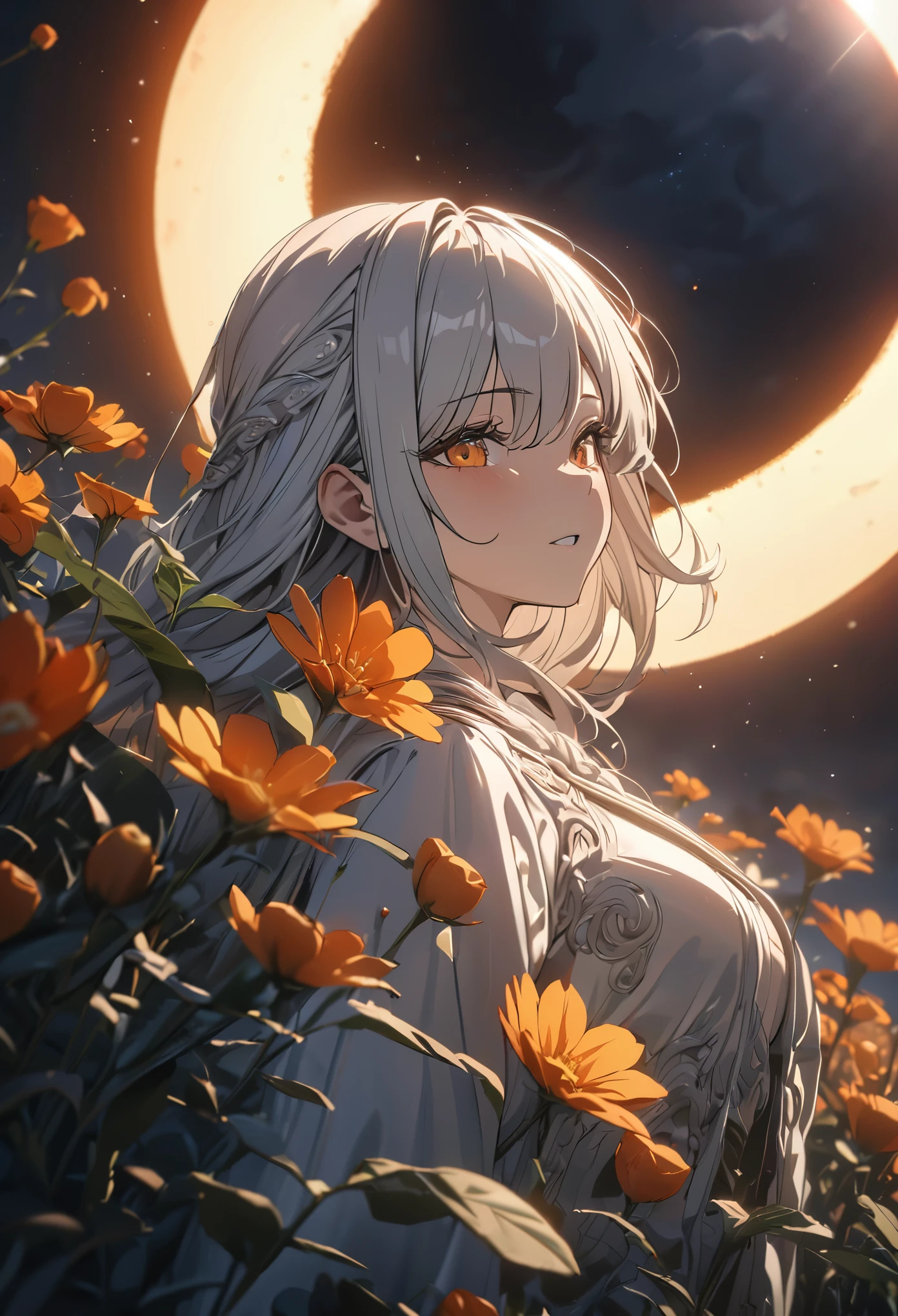 (absurdres, highres, ultra detailed), masterpiece, perfect resolution, great detail, super detailed, dark skies, absolute darkness, eclipse, eclipse sky, a flower of glowing orange flowers, cinematic lighting, ray tracing, depth of field, cinematic lighting, ray tracing, UHD, high details, best quality, highres, high quality, award winning, super detail, masterpiece, 8k, UHD, high details, best quality, highres, high quality, award winning, super detail, masterpiece, 8k, digital art, anime coloring