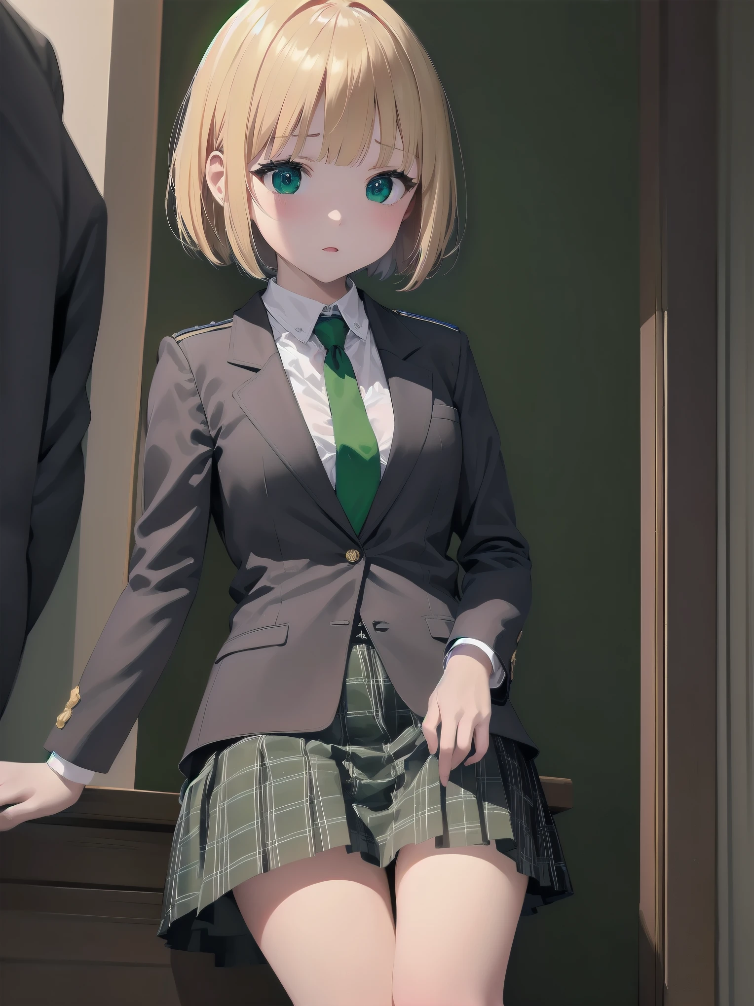 Top-High quality、Highest image quality、masterpiece、high contrast、Elegant、erotic expression、high school girl、blonde、Bob cut braids、uniform、(brown blazer)、ribbon tie、(Green and gray plaid skirt)、(black tights)、cinematic lighting、fine shading、cute、Truly unbelievably cute absurd、outside、outside苑
