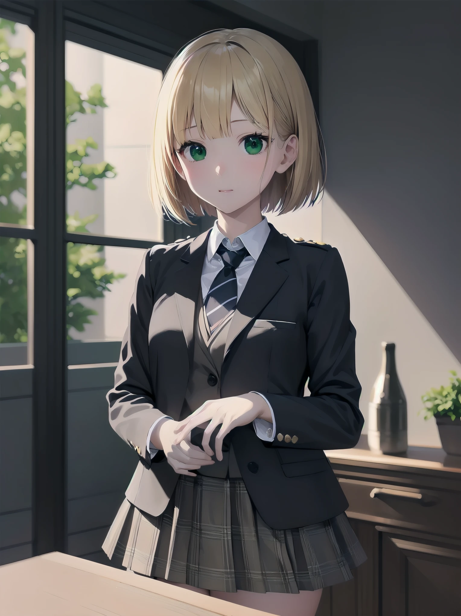 Top-High quality、Highest image quality、masterpiece、high contrast、Elegant、erotic expression、high school girl、blonde、Bob cut braids、uniform、(brown blazer)、ribbon tie、(Green and gray plaid skirt)、(black tights)、cinematic lighting、fine shading、cute、Truly unbelievably cute absurd、outside、outside苑