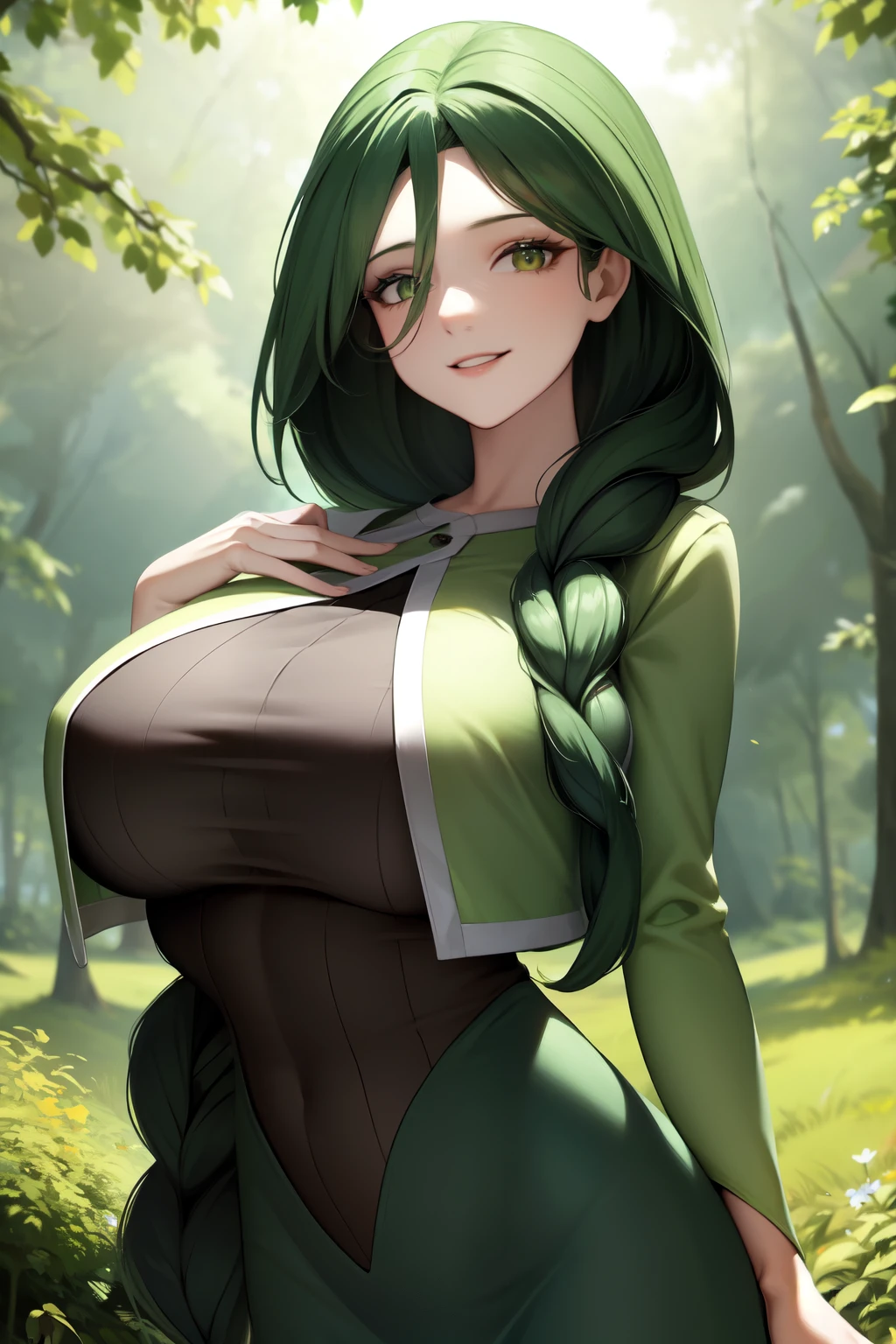 masterpiece, best quality, cheryl, hair over shoulder, single braid, green jacket, long dress, upper body, looking at viewer, smile, forest, trees, sky, sun , huge breasts