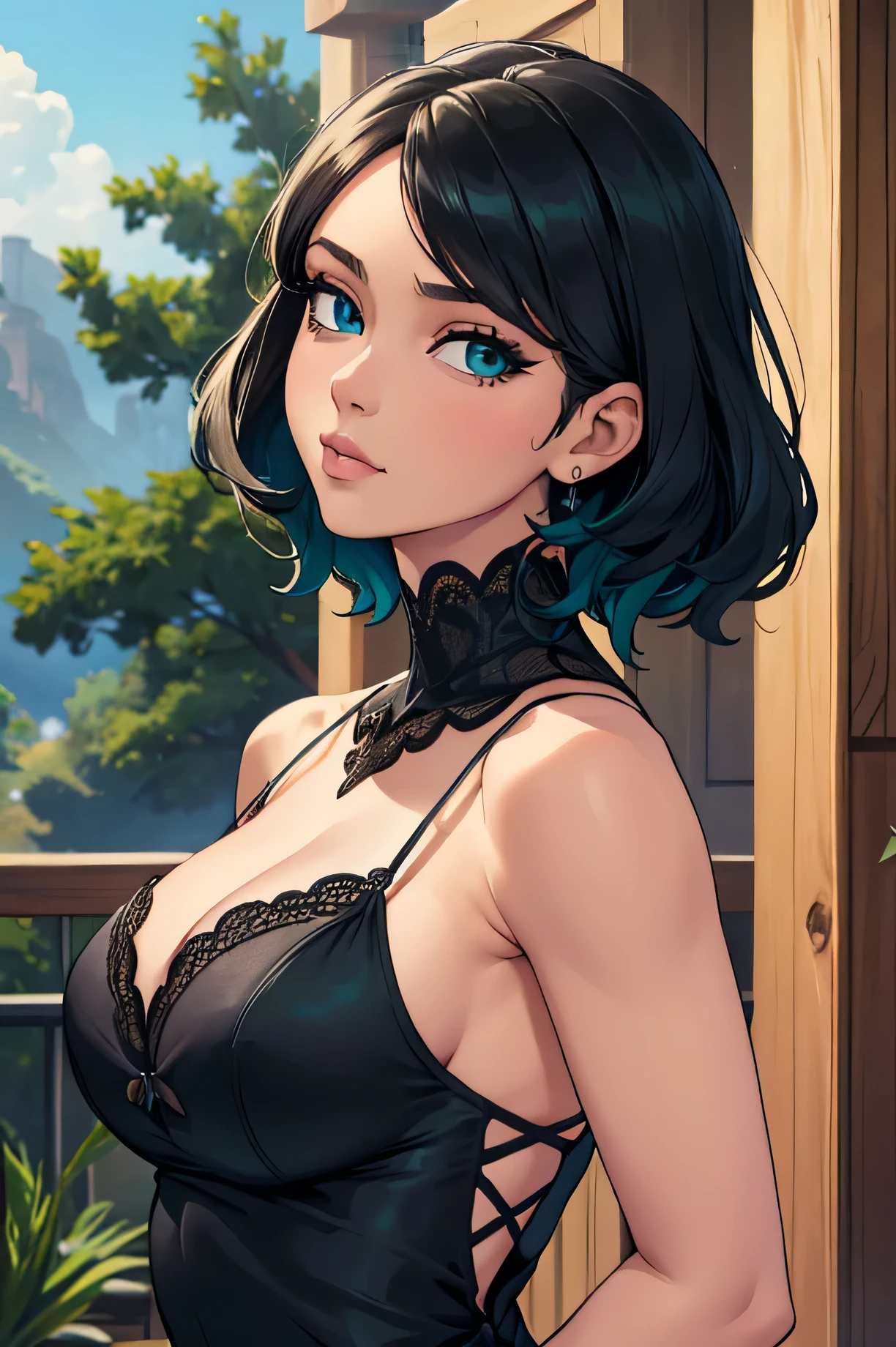finely detallado beautiful eyes and detallado face,obra maestra sidelighting,obra maestra,Mejor calidad,detallado,HD resolution illustration),, (1 chica,todo el cuerpo,piel brillante,mirando abajo,mirando al espectador),, (cabello negro,green and blue eyes,vestido negro con escote, (vestido_debajo del busto:1.2),debajo del pecho,