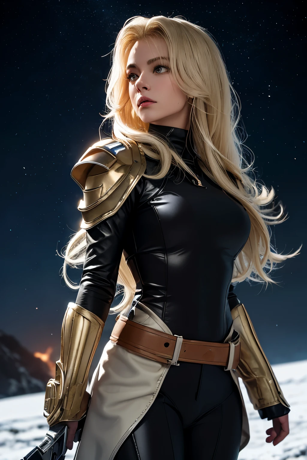 BOMBSHELL VALKYRIE, MATURE WOMAN, NORTHERN BEAUTY, HUGE LONG HAIR, BLONDE HAIR, BLUE EYES, ANGRY FACE EXPRESSION, PALE SKIN, ATLETIC BODY, MUSCLES, TIGHS, CURVY TIGHS, SWEATY TIGHS, BUTTOCKS, SWEATY BUTTOCKS, GLUTES, SWEATY GLUTES, EXPOSED GLUTES, ABDOMEN, STRONG ABDOMEN, GOLD ARMOUR, THONG LEOTARD ARMOUR, GOLD GAUNTLETS, GOLD CHOKE COLLAR, GOLD VALKYRIE HELMET, NIGHTSKY, NORTHERN LIGHTS, DESERT, RIVER, MITHOLOGY, SIDE BODY VIEW, MAGIC POWERS, ACCURATE IMAGE, MASTERPIECE