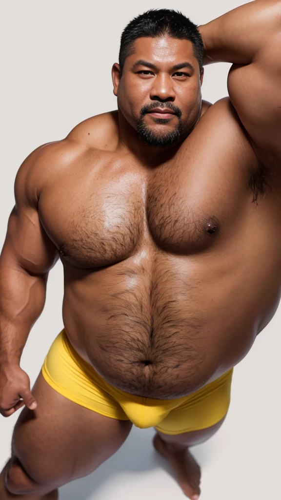 black hair, middle-aged man, individual, male, Muscular wrestler, muscular, Stout wrestler, Asian, Japanese, uncle, 55 year old middle-aged man, short hair, short hair, yellow wrestling boots, full body portrait, shadow, Vision, yellow briefs, obesity, 45 years old, short beard, middle-aged man, tattoo, fingerless gloves, Wheat skin, shiny skin, dark skin, Show your pectoral muscles, sumo wrestler, bodybuilder, wide temples, Visible abdominal muscles, Smile, Fine hands, solid color background, pure white background, Surrealism, Panorama, 8k, super detail,