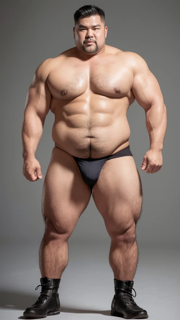 black hair, middle-aged man, individual, male, Muscular wrestler, muscular, Stout wrestler, Asian, Japanese, uncle, 55 year old middle-aged man, short hair, short hair, yellow wrestling boots, full body portrait, shadow, Vision, yellow briefs, obesity, 45 years old, short beard, middle-aged man, tattoo, fingerless gloves, Wheat skin, shiny skin, dark skin, Show your pectoral muscles, sumo wrestler, bodybuilder, wide temples, Visible abdominal muscles, Smile, Fine hands, solid color background, pure white background, Surrealism, Panorama, 8k, super detail,