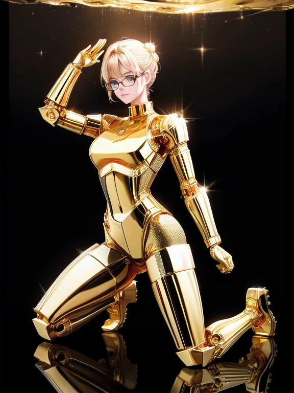 5 8K UHD、A mechanical beauty in a gold metallic body wearing glasses is kneeling、A golden metal robot with shiny skin