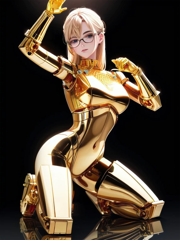 5 8K UHD、A mechanical beauty in a gold metallic body wearing glasses is kneeling、A golden metal robot with shiny skin