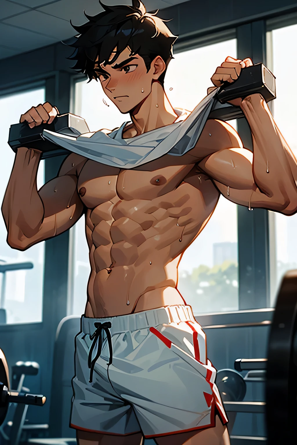 shirtless, super muscular, sweat-drenched body, 22-year old short black hair handsome caucasian male wearing white gym shorts, lifting weights, sweating in the gym