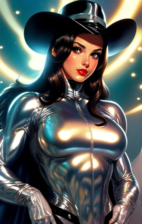 femme fatale, 60s,with shiny elegant outfit,elegant outfit,((liquid metal skin)),((nickel eyes,)),liquid metal hair,like a statue made of nickel,((style bill mantlo ART)),rosto feminino fatal,Venom 90&#39;s comic book style muscles,garota musculosa,((her skin color should be shiny liquid metal style)),,wearing a black 60s women&#39;s hat,