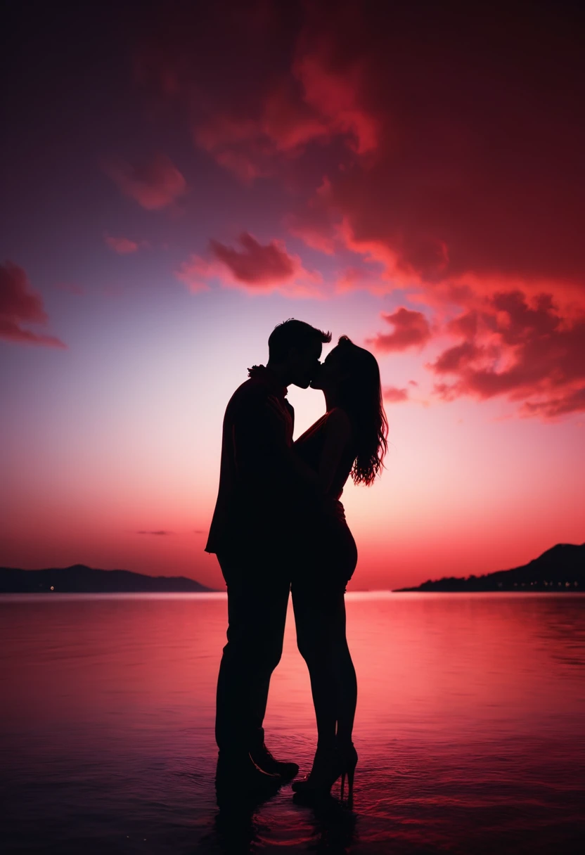 hyper realistic image of the dark silhouette of a couple kissing at night, red tones sky, 8k resolution, cinematic lighting, raw photo, depht blur , greg rutkowsky style, raw photo