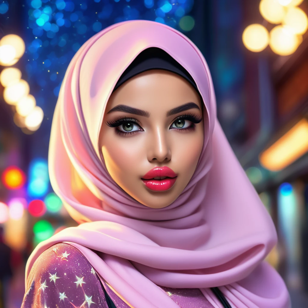 from above, top angle, (redshift style:1.1), (analog style:1.1), sexy, realistic, photo shoot, professional, high contrast,

covered in glitter, (wearing hijab:1.3), traditional arabic outfit, long dress, black dress,
[Nina Dobrev|Emma Watson], 1girl, solo, expressive look,  (wearing cheerleader costume:0.8), gloves, wearing skirt,
skin pores, intricate skin texture, realistic skin, golden glitter, shiny skin, hands on sides, hands down,
realistic body, realistic body proportions,

(closeup:1.2), (extreme closeup:1.2), face focus,

masterpiece, best quality, HDR, viewpoint, highest quality, sharp focus, looking at viewer, facing viewer, 8k, blue eyes,
[(colorful explosion psychedelic paint colors:1.3)::0.2],

dynamic lights, bokeh, detailed emerald eyes, cluttered,(shiny:0.7),(sophisticated:0.8)