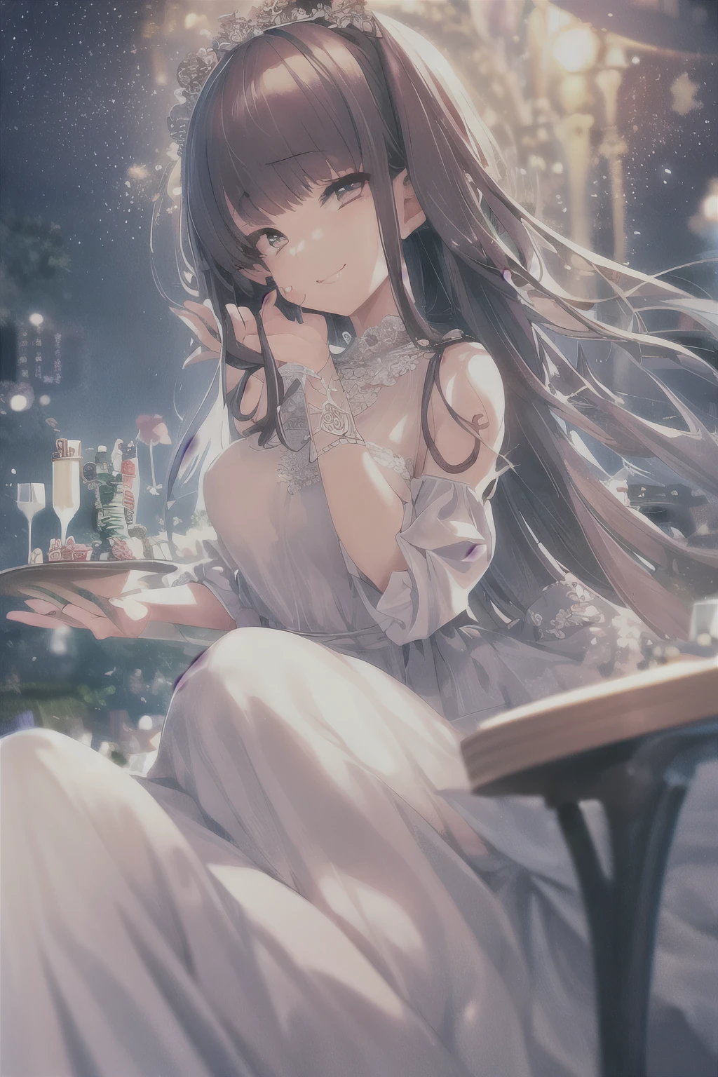 16K, high resolution, masterpiece, best quality, 
movie stills, 
A cosmetics poster, 1 girl, hold me, beautiful girl, (Poker face:1.4), Smile, In nature, Bangs, Eyeliner, eye shadow, lip gloss, white dress, Detailed embroidery, jewelry, looking at the audience,
Shallow depth of field, vignette, Very detailed, high budget, Bokeh, Widescreen movies, moody, epic, Gorgeous,
film grain, grainy,