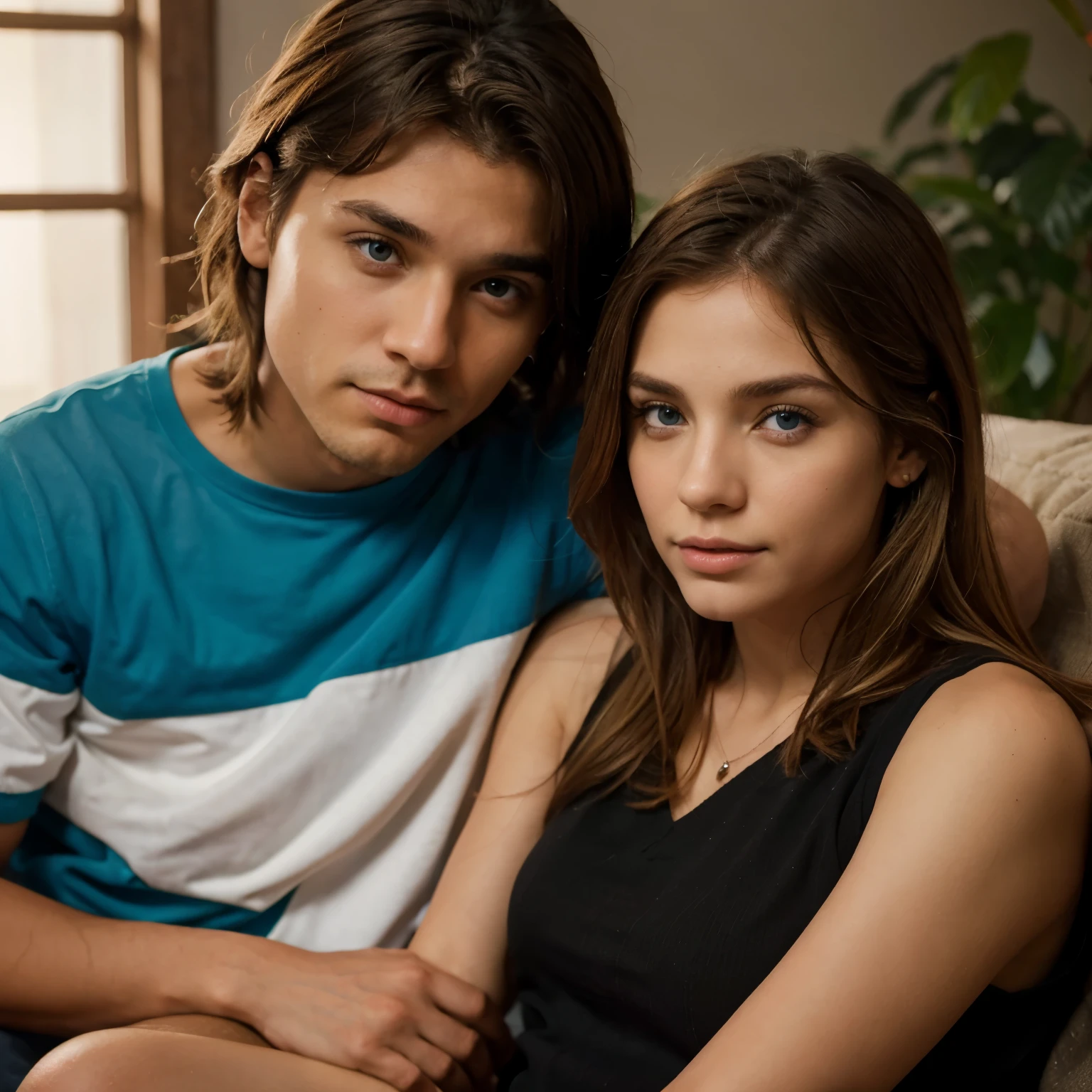 Una pareja, the girl with her hands on the man&#39;s chest looking into his eyes , la chica de ojos verdes y el de ojos marrones, On the other side another couple in the same position but the girl had light brown eyes and the boy had blue eyes and blonde.