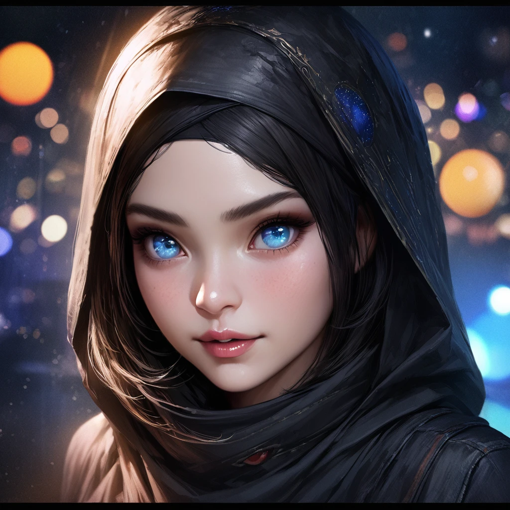 (Neon Cyberpunk Hijab: 1.5), wearing sunhat, [Style: Neon Cyberpunk: 1.3], (RAW Photos: 1.2), (Perfect Eyes: 1.5)),  (Photorealistic: 1.4), (Masterpieces: 1.3), (Best Quality: 1.4), Dreamy, (Detailed Eyes), (Detailed Facial Features), ( (8k:1.27), best quality, masterpiece, Hijab hair, ultra highres:1.2) Photo of Pretty woman (beautiful:1.1) (sci-fi woman:1.1), (Hijab cloak: 1.61) (Hijab leather Coat:1.21) intricate elegant, fantasy, detailed, ometric by greg rutkowski and alphonse mucha, gradient lighting