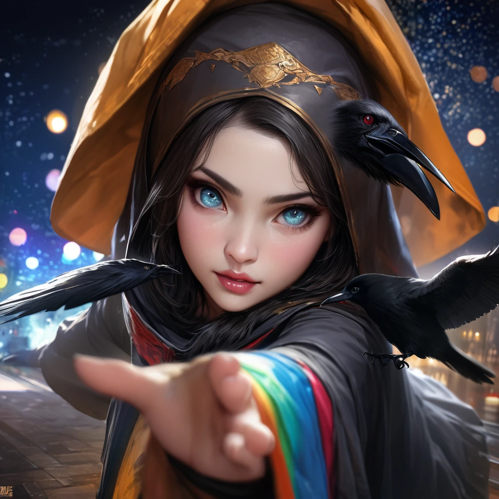 (best quality,4k,highres,masterpiece:1.2),ultra-detailed,realistic:1.37,a super heroine,athletic,cute face,hijab,beautiful detailed eyes,beautiful detailed lips,extremely detailed eyes and face,long eyelashe,malaysian:1.1 (age 28),crow themed costume and gimmicks,stopping a bank robbery,dynamic pose,vivid colors,starry night background,HDR,studio lighting,physically-based rendering,sharp focus,bokeh,colorful palette