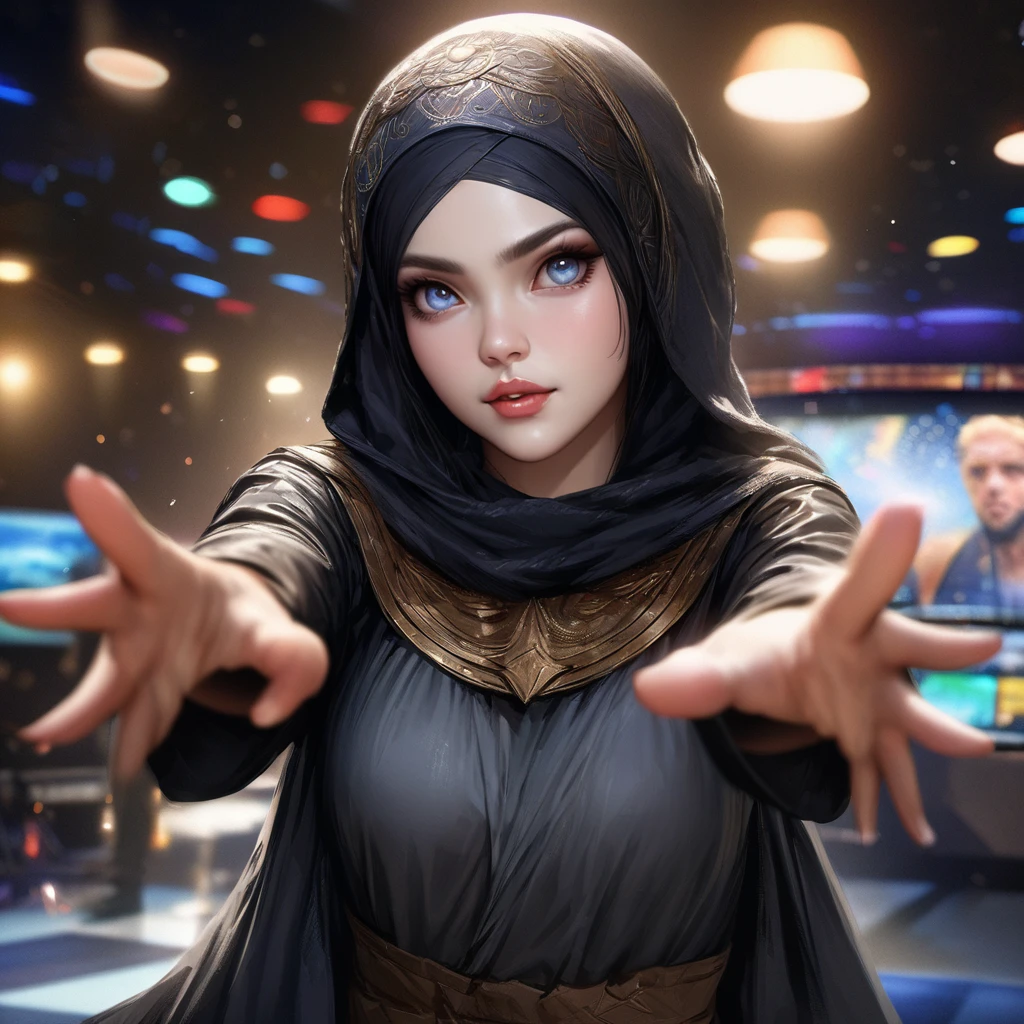 (best quality,4k,highres,masterpiece:1.2),ultra-detailed,realistic:1.37,a super heroine,athletic,cute face,hijab,beautiful detailed eyes,beautiful detailed lips,extremely detailed eyes and face,long eyelashe,malaysian:1.1 (age 28),crow themed costume and gimmicks,stopping a bank robbery,dynamic pose,vivid colors,starry night background,HDR,studio lighting,physically-based rendering,sharp focus,bokeh,colorful palette