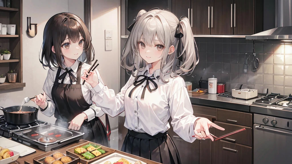 medium hair、one curl,gray hair, girl,barefoot,White eyes,F cup,teenage gir ,black leather shoes,、thighs。cookingをす?Pause。perfect hands、5real fingers、droopy eyes、glamorous body、smile、black ribbon、The skirt is black、white shirt、long sleeveエプロン, bangs, brown hair, brown eyes, chopsticks, cooking, , frying pan, kitchen, long hair, long sleeve,,side up, skirt, alone, stove, white shirt、smile、Taste、Hmm.