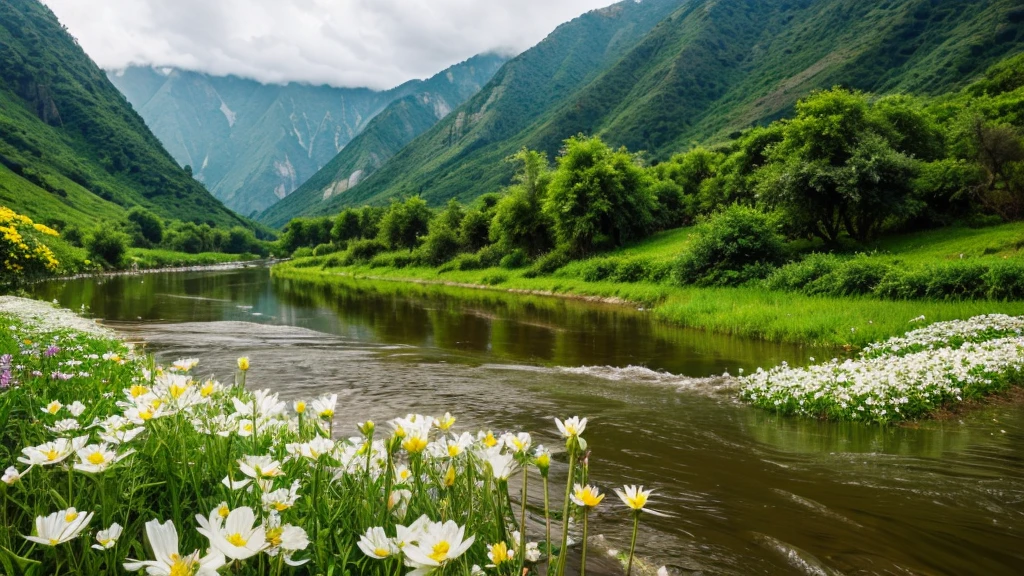 nature rain landscape flowers river