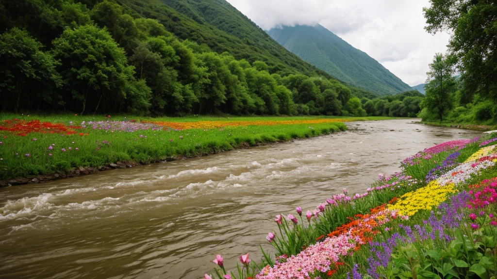 nature rain landscape flowers river
