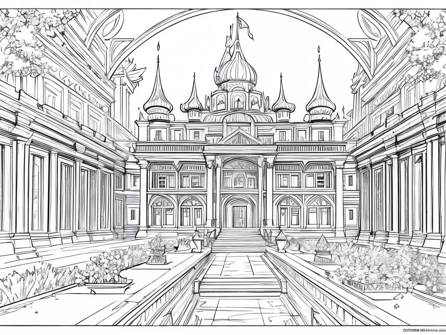 Please generate only the outline or stroke of this drawing so that I can use it in a coloring book: A great palace with immense royal gardens