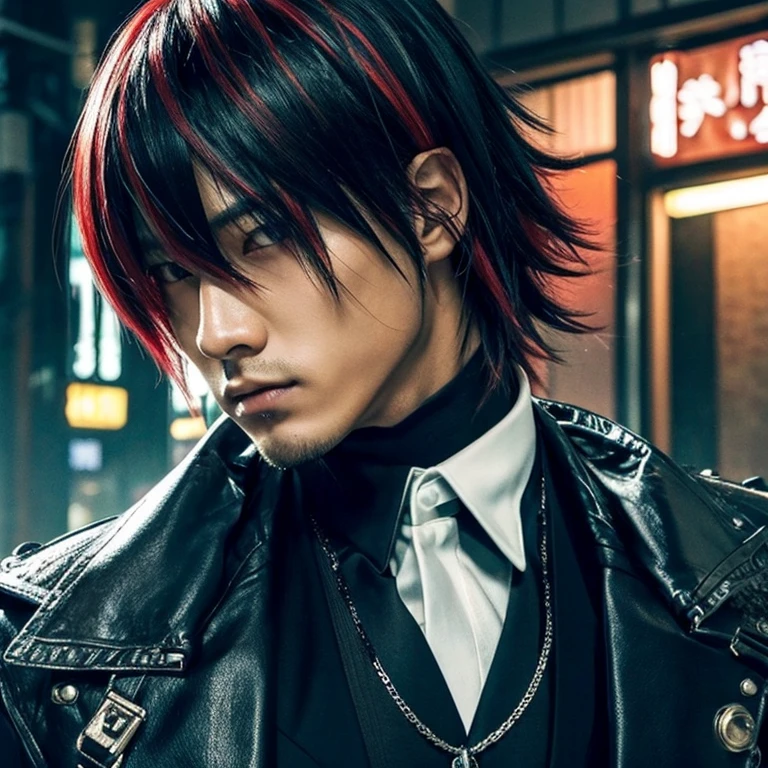 1 man, Japanese man, 30 years old, hairstyle Visual Kei, hair color blonde, muscular, broad shoulders, ultra detailed face and eyes, Asian eyes, pretty face, realistic representation, outfit gothic-cyberpunk, black men's shirt and black pants