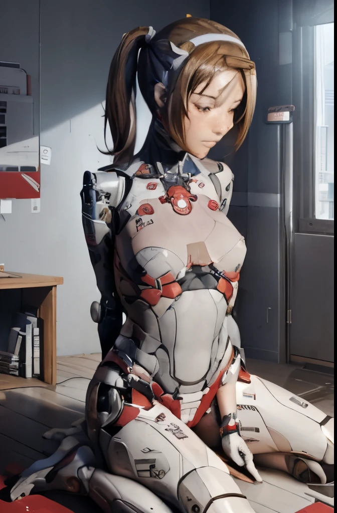 A Female robot is sleeping in bedroom, spread legs, nude, banzai pose. she wears no dress. She Brown short hair is tied with two big red clothespins, She lifts up the under hem of her white plain dress, leaning over, masterpiece, very short pigtails,brown hair, mature, android, blue eyes, full body figure, Height: 160cm, flushed cheeks, 2020s anime picture, A beautiful robot with short brown hair in two short pigtails held up by two very large huge red clothespins, Uplifting, No NSFW, whole body, barefoot, archaic smile, getting orgasm, 25 years old, sweat bucket. 