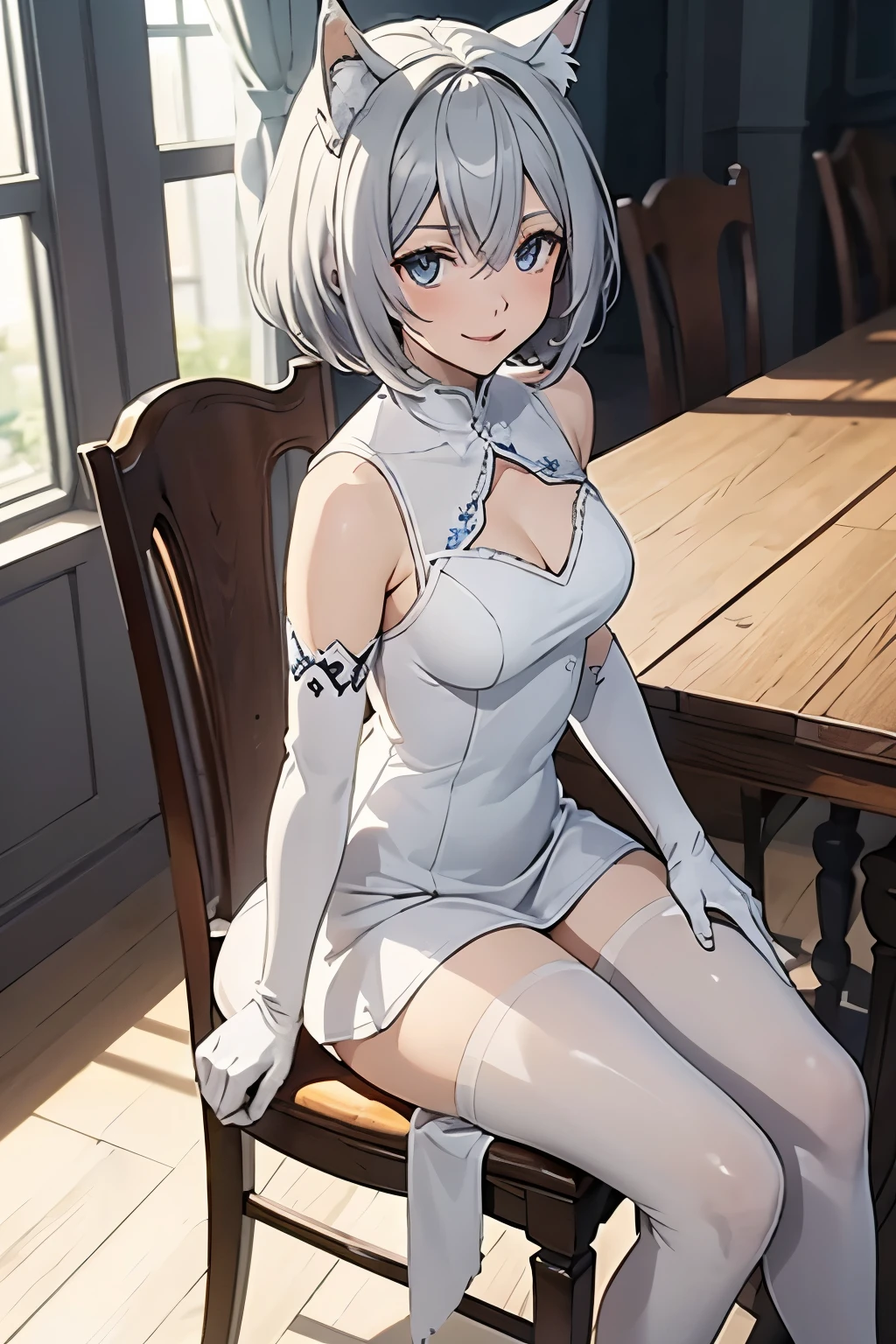 table top best image quality wonderful high detail One Young Woman((adult))anime style full body white dress(sleeveless) white long gloves(elbow gloves) white pantyhose wolf ears short hair((shortcut)(gray hair)(curly hair)(fluffy)) smile(Happy) eye color is blue sit on a chair