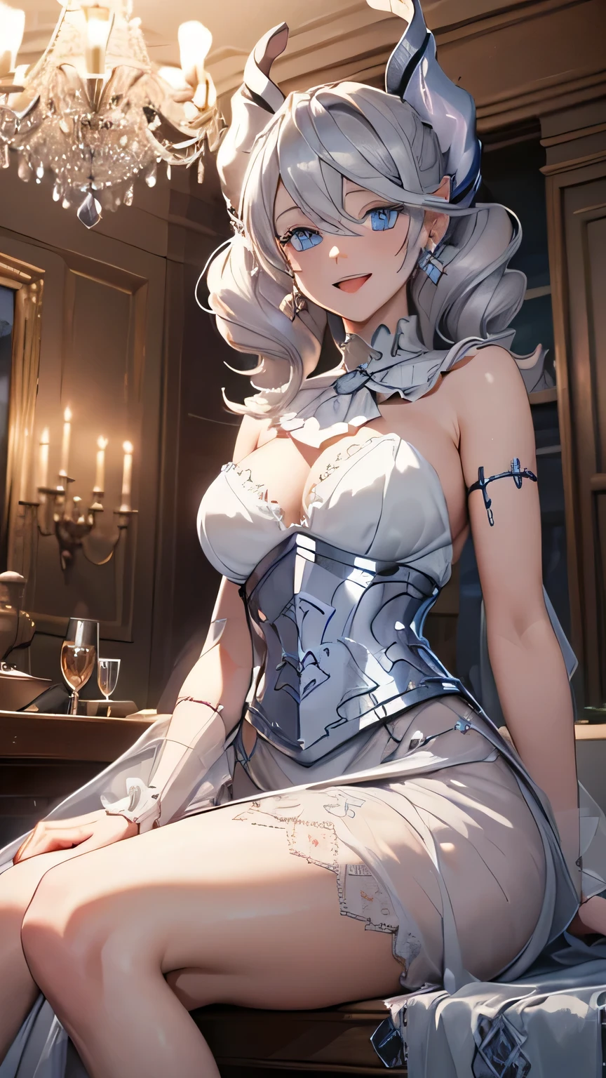 ((masterpiece)),(best quality), ((extremely detailed CG unity 4k wallpaper)),(cinematic lighting), (an extremely delicate and beautiful girl:1.3),(++silver hair++),blue eyes, long hair, jewelry,earrings, :d, maid, labrynth,
dance floor,(Crystal chandelier), horn ,indoor , sitting with style, crossed leg in detailed, 