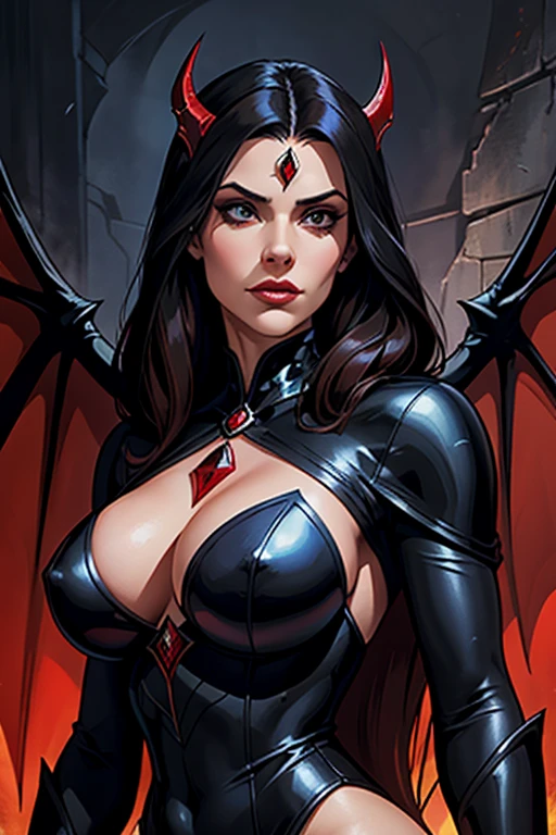 A woman in black and red with a red dragon on her chest, seios grandes, arte conceitual inspirada na vencedora do concurso CGsociety, Anne Stokes, arte de fantasia, together | Middle Ages, lindo together, lindo elegant demon queen, together, villain with black angel wings, demon, Diablo 4 Lilith, rainha do inferno, rainha do submundo, ao lado da chama, Raio, papel de parede 8k unificado, super detalhado, lindo, lindo, obra de arte, Melhor qualidade