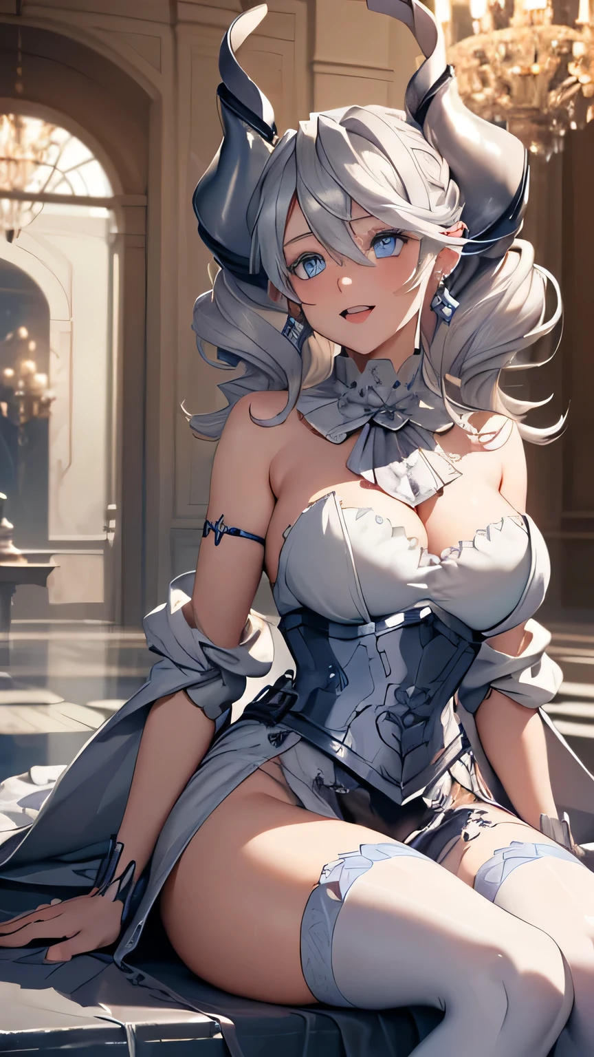 ((masterpiece)),(best quality), ((extremely detailed CG unity 4k wallpaper)),(cinematic lighting), (an extremely delicate and beautiful girl:1.3),(++silver hair++),blue eyes, long hair, jewelry,earrings, :d, maid, labrynth,
dance floor,(Crystal chandelier), horn ,indoor , sitting with style, crossed leg in detailed, 